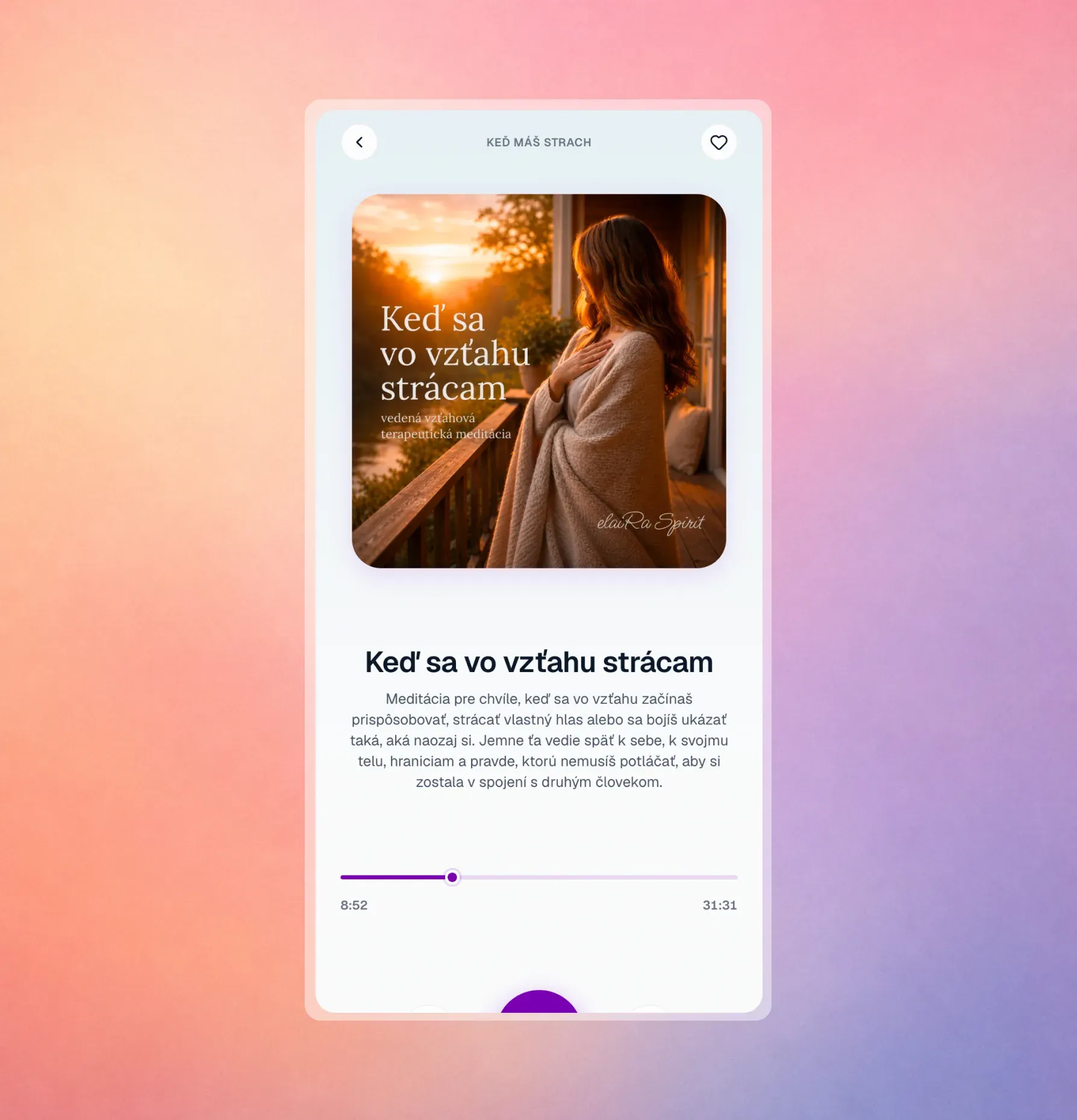 Obrazovka aplikácie elaiRa Spirit s prehrávačom vedenej meditácie.