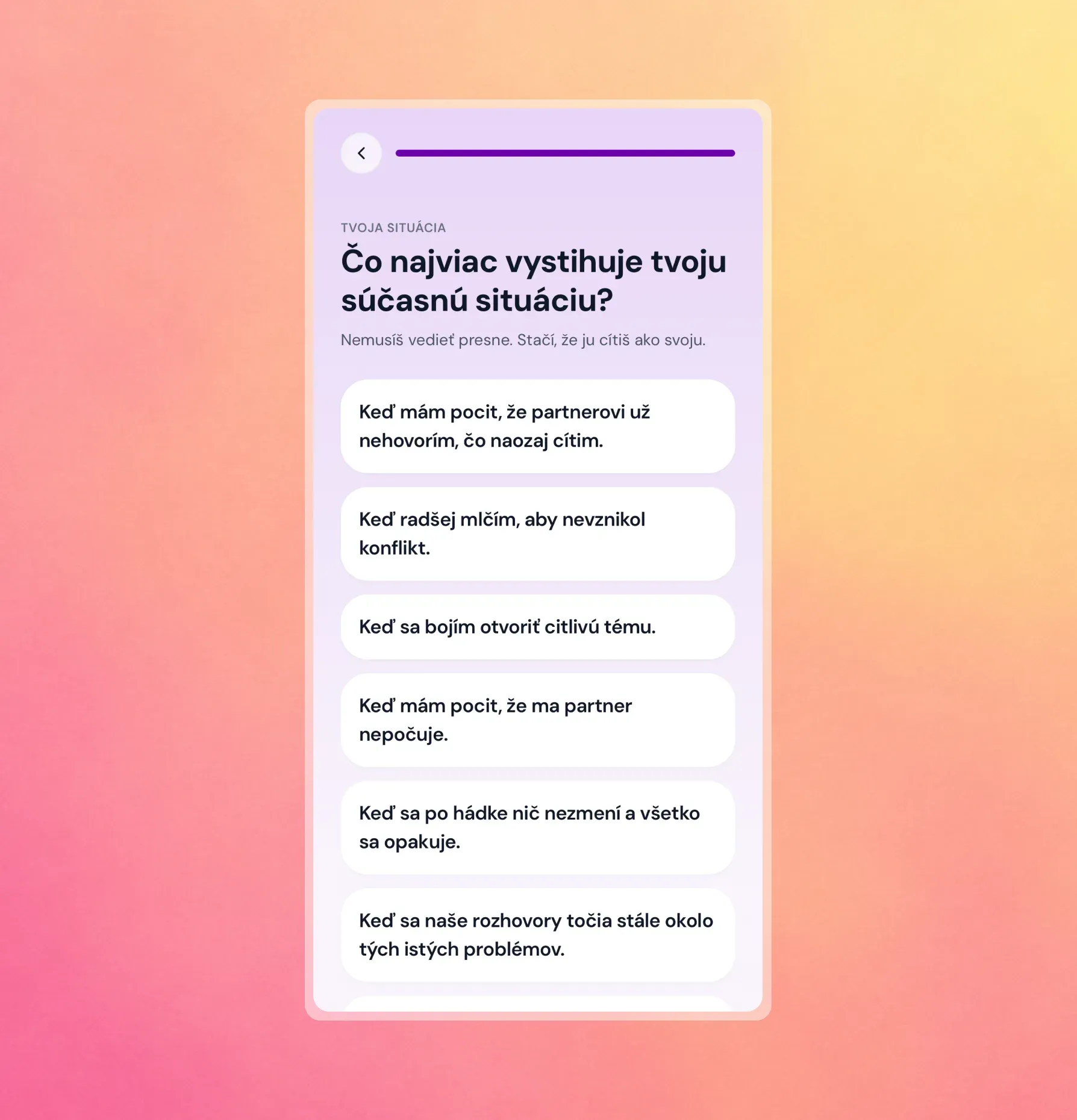 Obrazovka aplikácie elaiRa Spirit s otázkou „Čo najviac vystihuje tvoju súčasnú situáciu?“ a zoznamom konkrétnych životných situácií na výber.